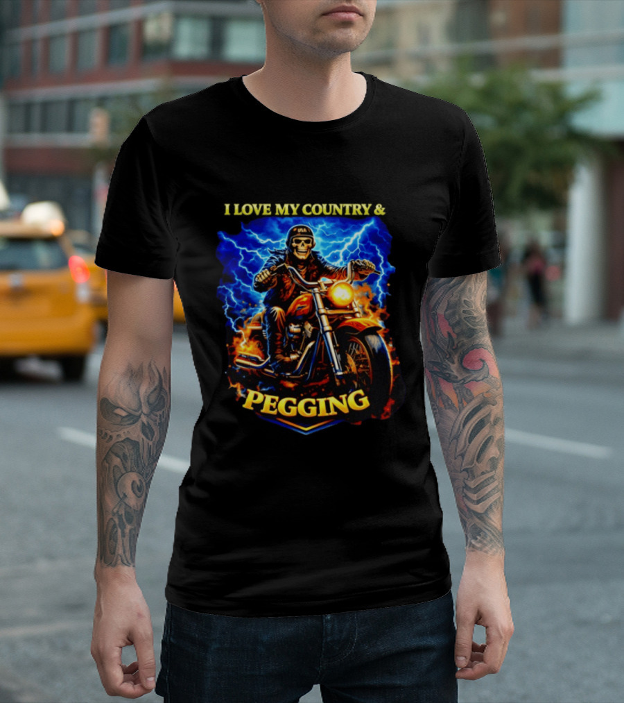 Skeleton USA Biker Riding Motorcycle I Love My Country Pegging T-Shirt
