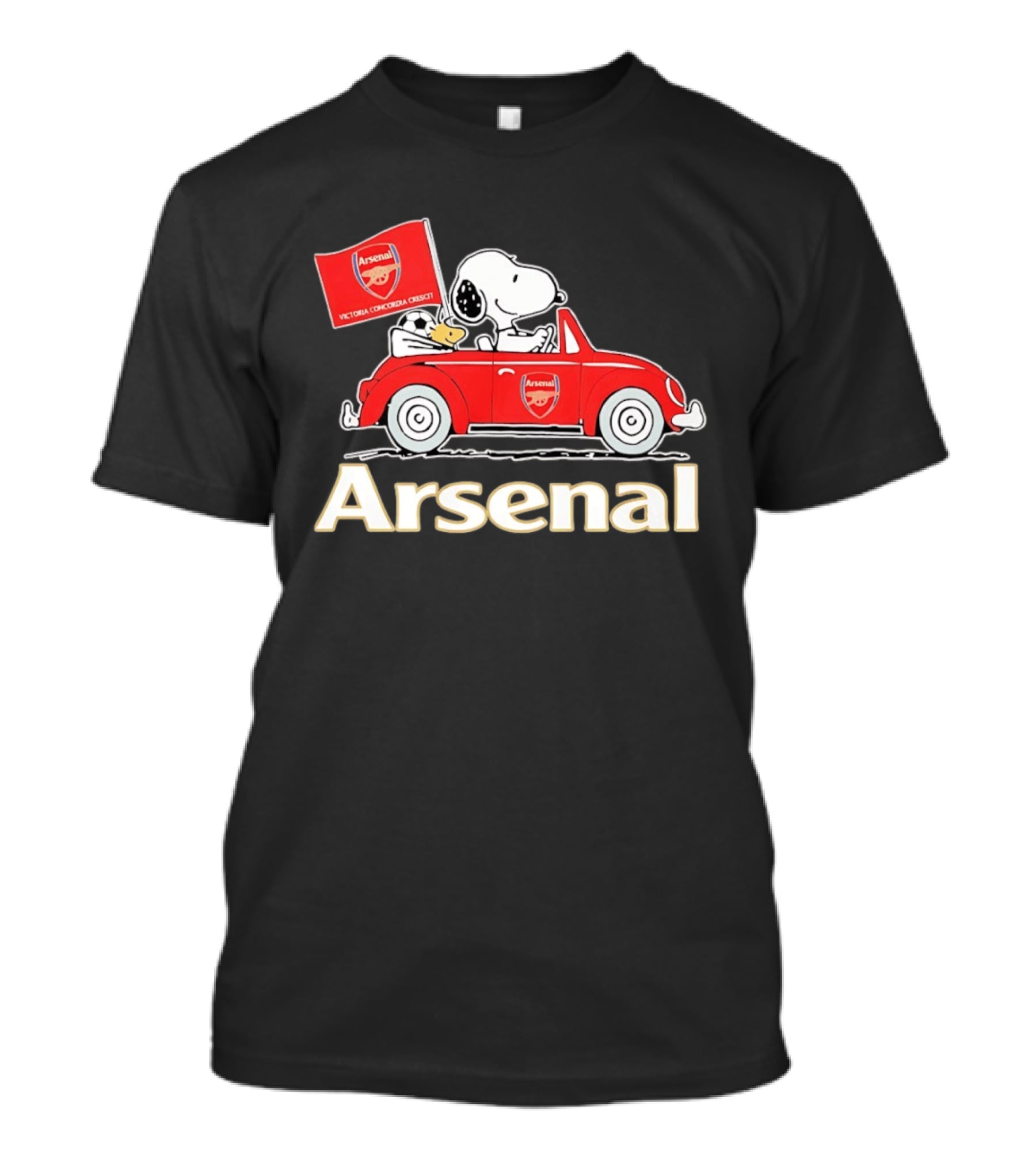 Snoopy Woodstock Arsenal Red Car Victoria Concordia Crescit Flag T-Shirt