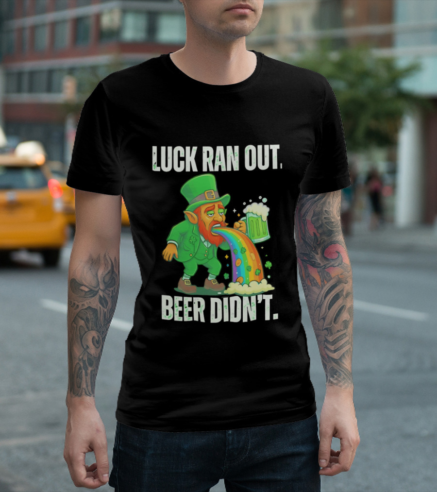 Leprechaun Drinking Beer Vomiting Rainbow Luck Ran Out St. Patrick's Day T-Shirt