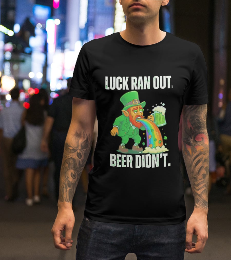 Leprechaun Drinking Beer Vomiting Rainbow Luck Ran Out St. Patrick's Day T-Shirt