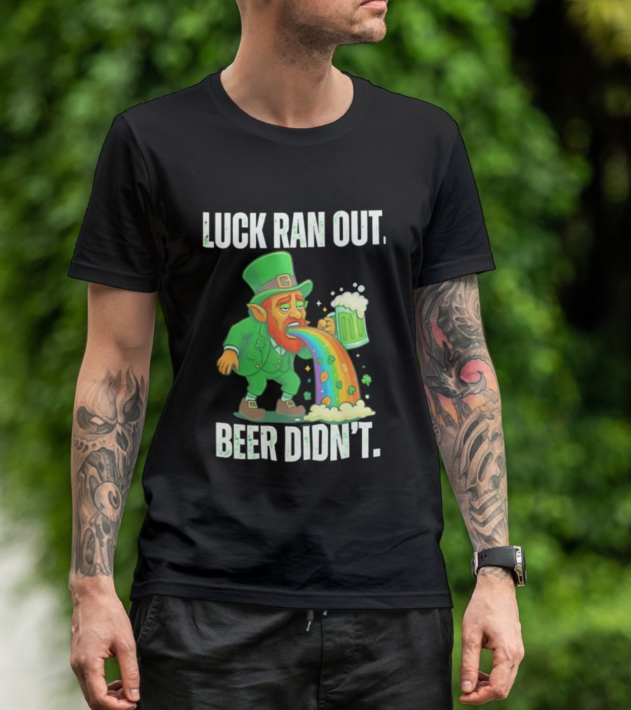 Leprechaun Drinking Beer Vomiting Rainbow Luck Ran Out St. Patrick's Day T-Shirt