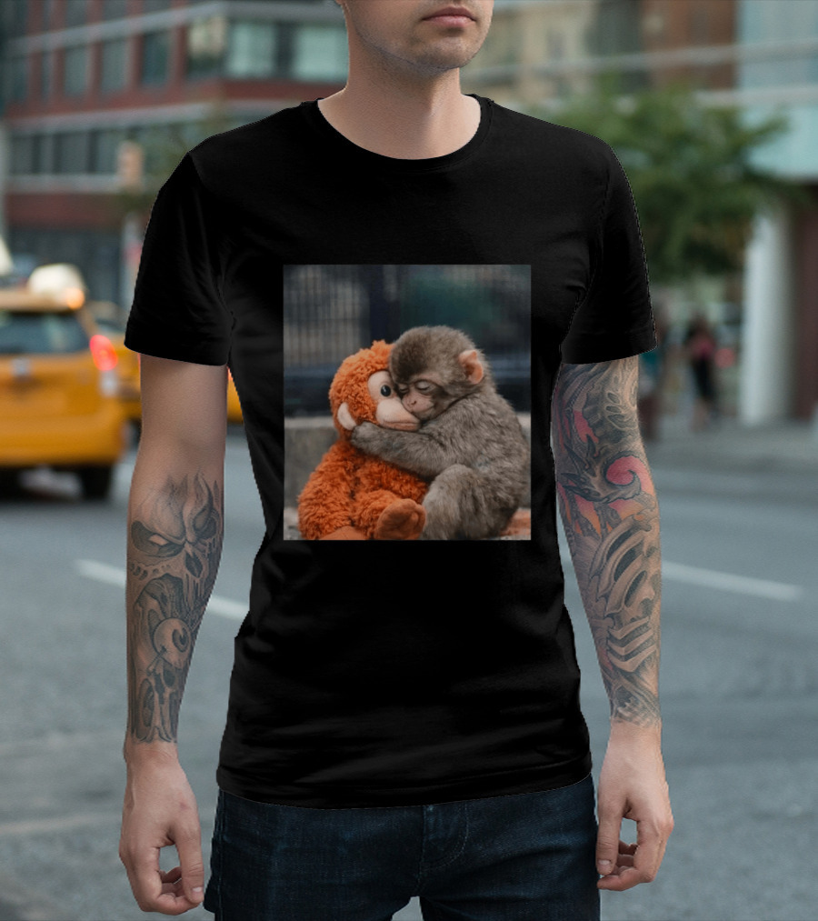 Punch Monkey Cute Baby Monkey Hugging Stuffed Toy T-Shirt