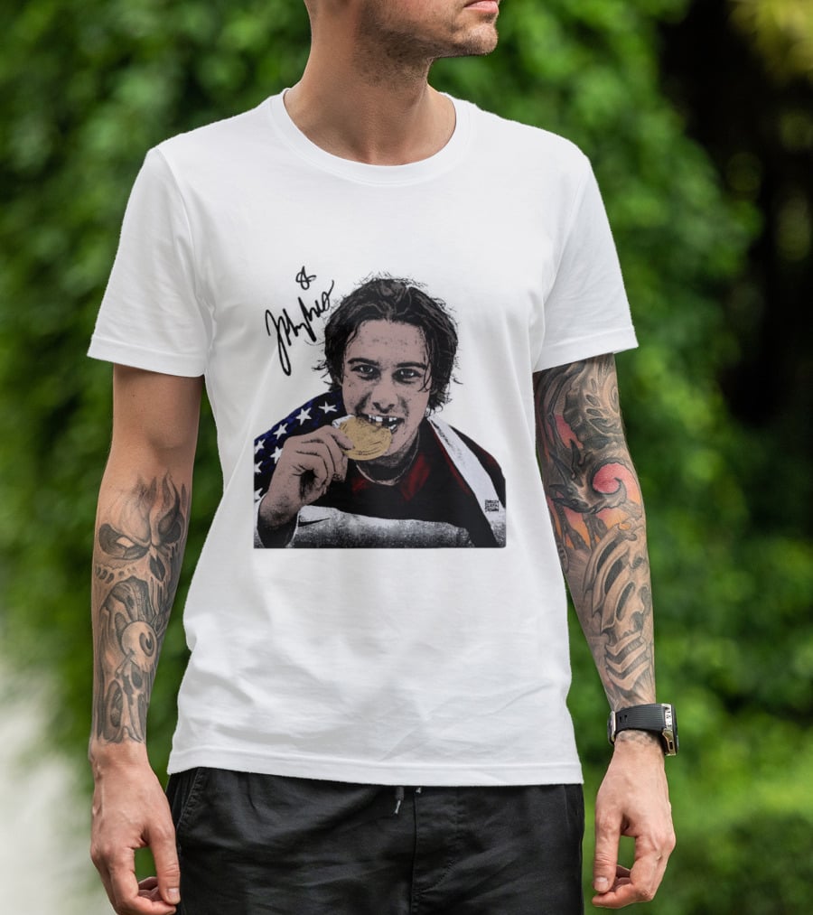 USA Hockey Jack Hughes Gold Medal Bite American Flag T-Shirt