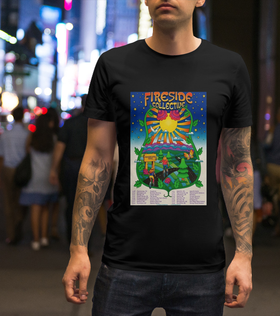 Fireside Collective Spring Tour 2026 Vibrant Cycling Adventure In Scenic Nature Landscape With Sunburst And Stars T-Shirt