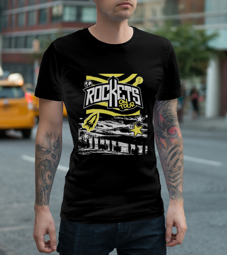 Rockets On Tour Yellow Stars Rocketship Waves Planet T-Shirt