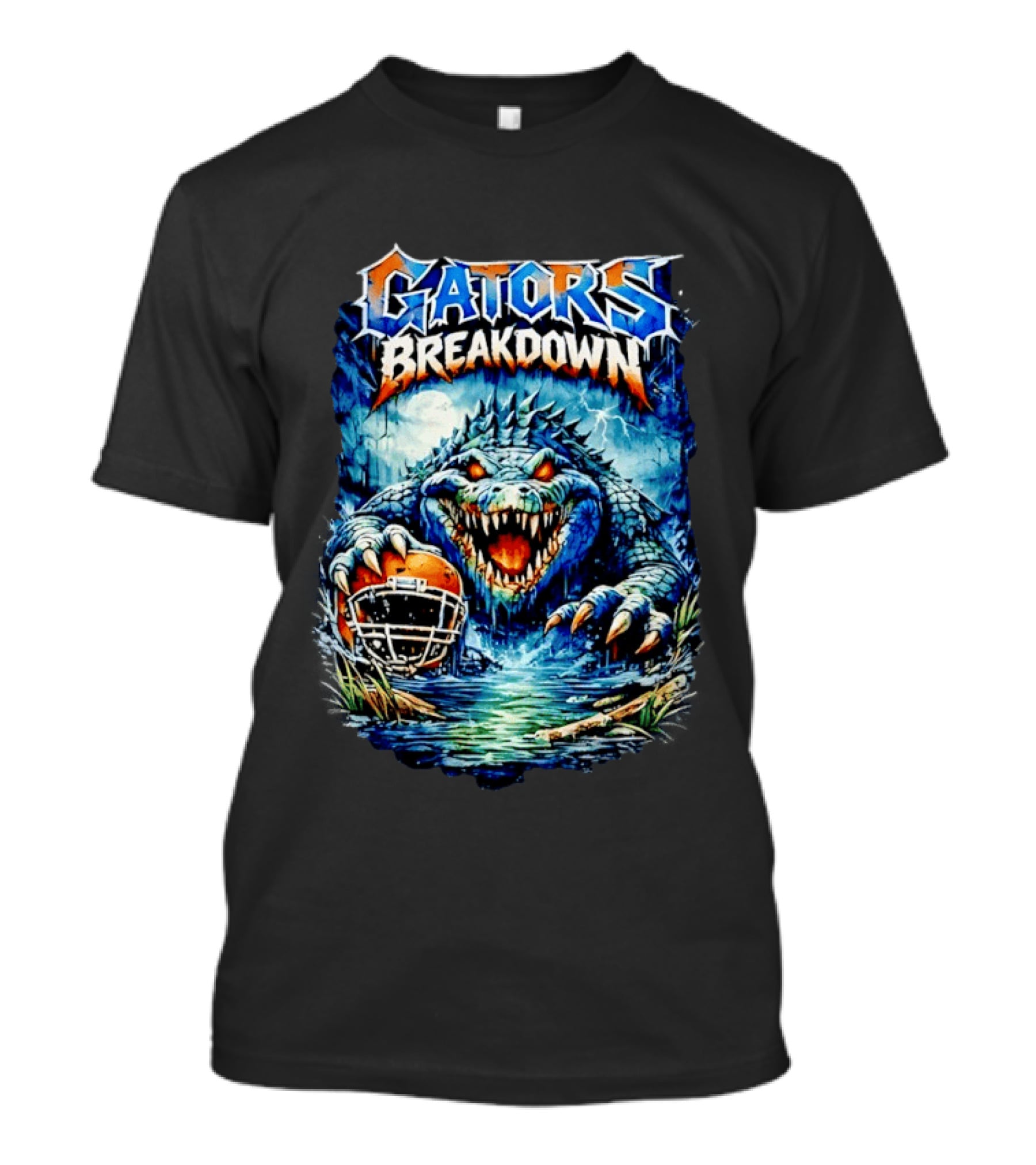 Gators Breakdown Swamp Metal Alligator With Football Helmet And Lightning T-Shirt