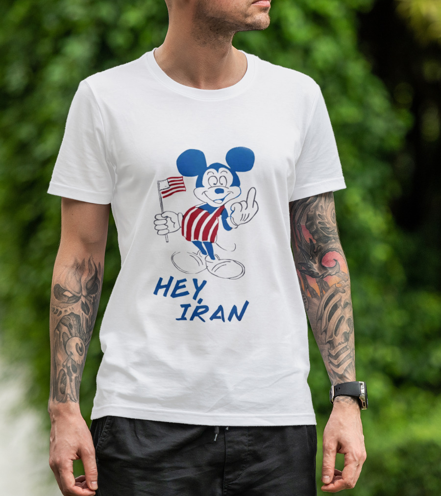 Mickey Mouse Hey Iran Middle Finger USA Flag T-Shirt