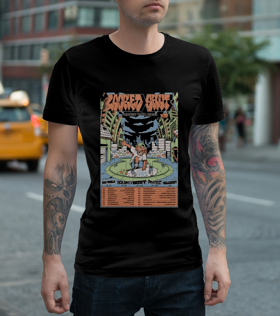 LOCKED SHUT Tour Spring 2026 Skateboarder Urban Scene Bad World Squint Rust Deplete Maladjust Dates T-Shirt