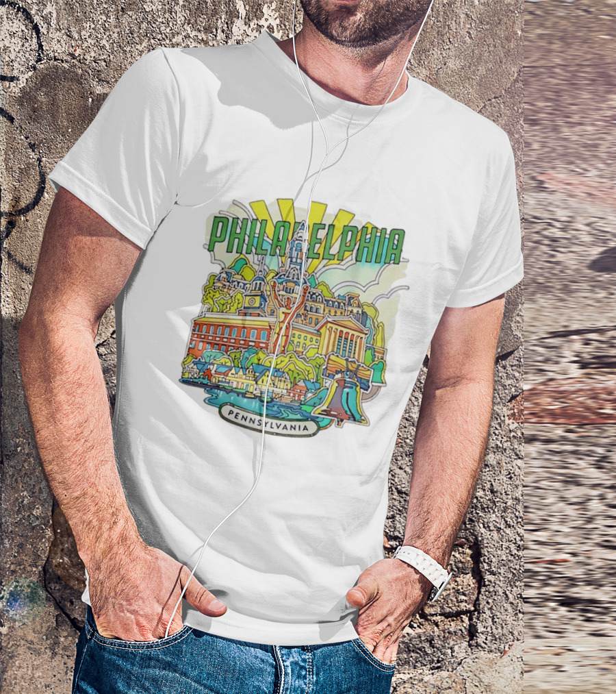 Philadelphia Pennsylvania Skyline Landmark Icons Liberty Bell Art Deco T-Shirt