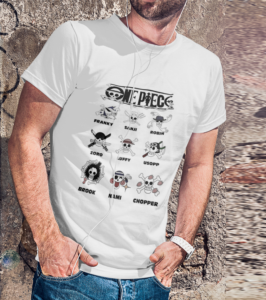 One Piece Straw Hat Crew Jolly Rogers Luffy Zoro Chopper Anime Flag Names T-Shirt