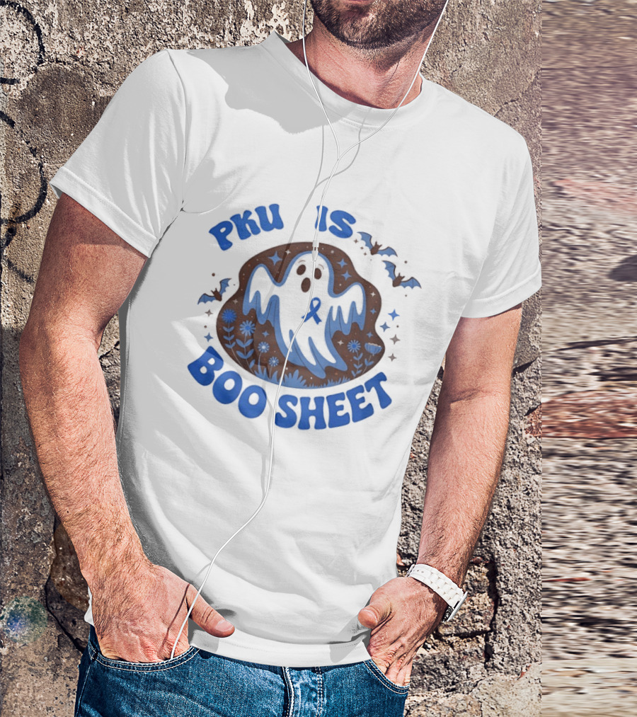 PKU Is Boo Sheet Blue Ribbon Ghost And Bat Halloween T-Shirt