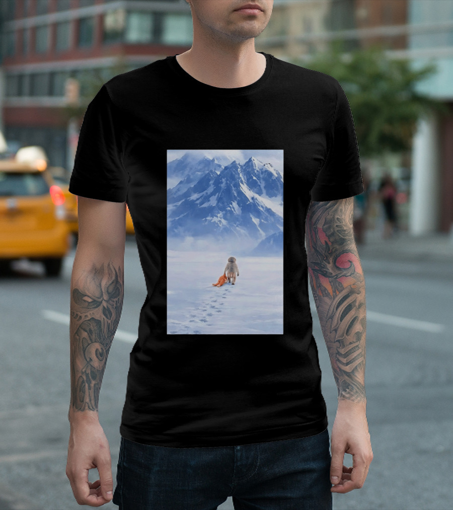 Monkey Holding Stuffed Monkey Alone Walking In Snowy Mountains T-Shirt