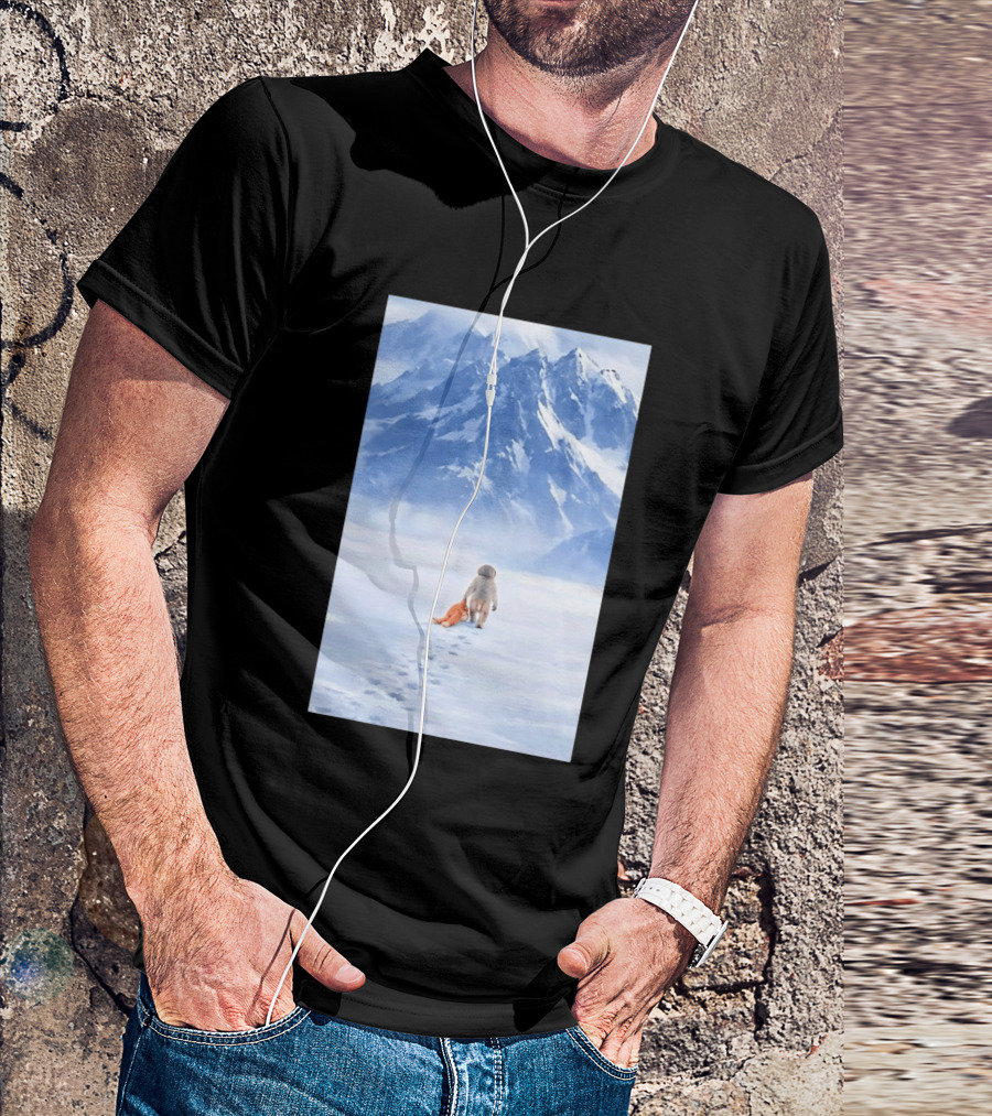 Monkey Holding Stuffed Monkey Alone Walking In Snowy Mountains T-Shirt