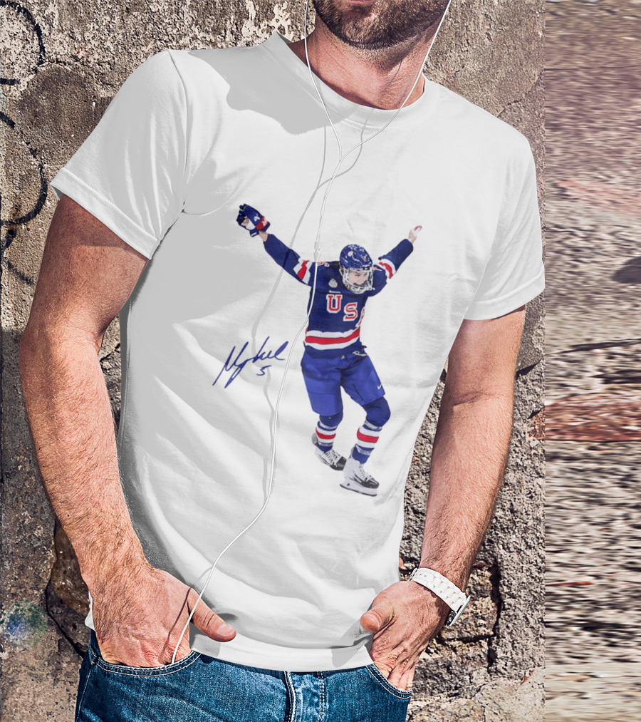 USA Team Hockey Megan Keller Blue Uniform Celebration T-Shirt