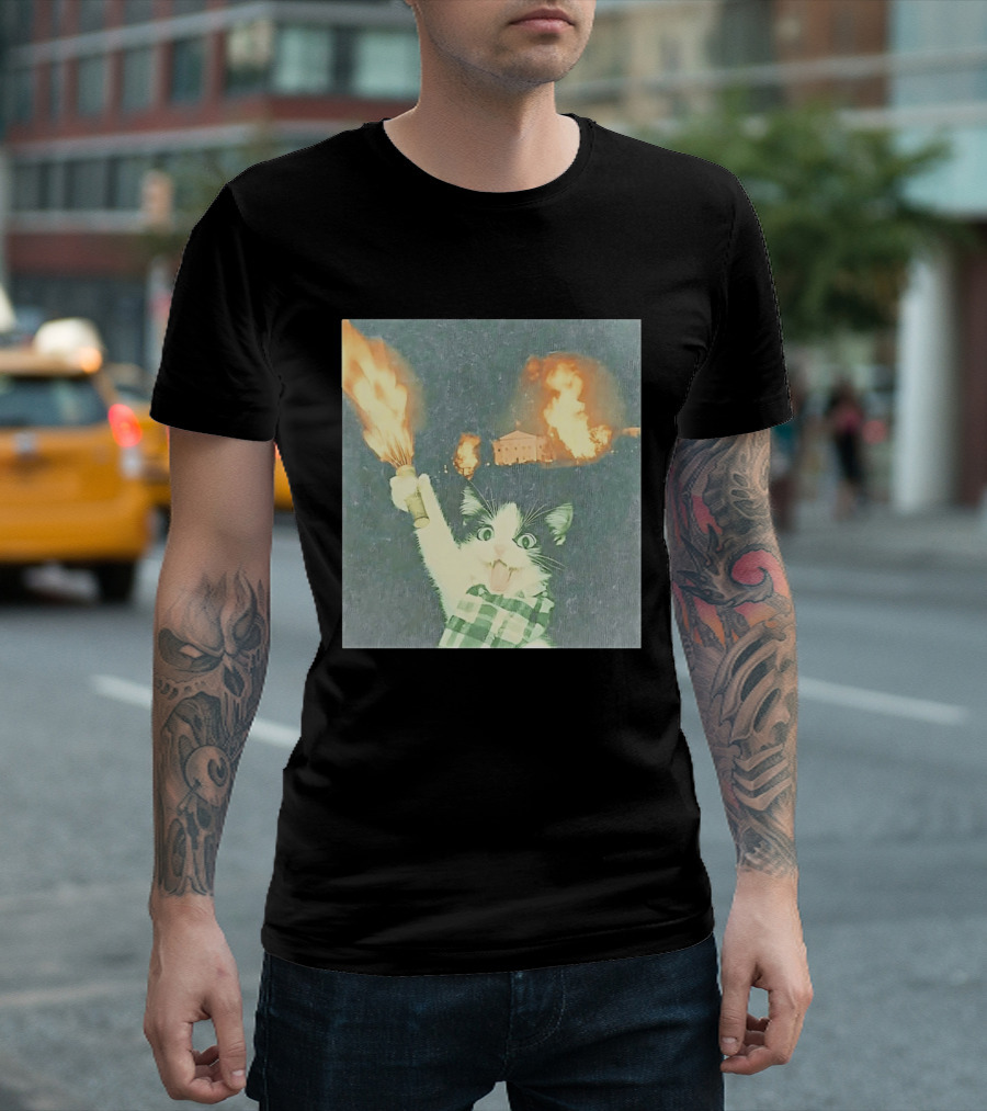 Rebellious Cat Riot Scene With Flaming T-Shirt