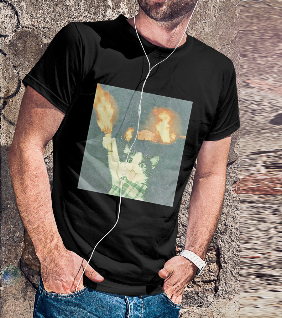 Rebellious Cat Riot Scene With Flaming T-Shirt