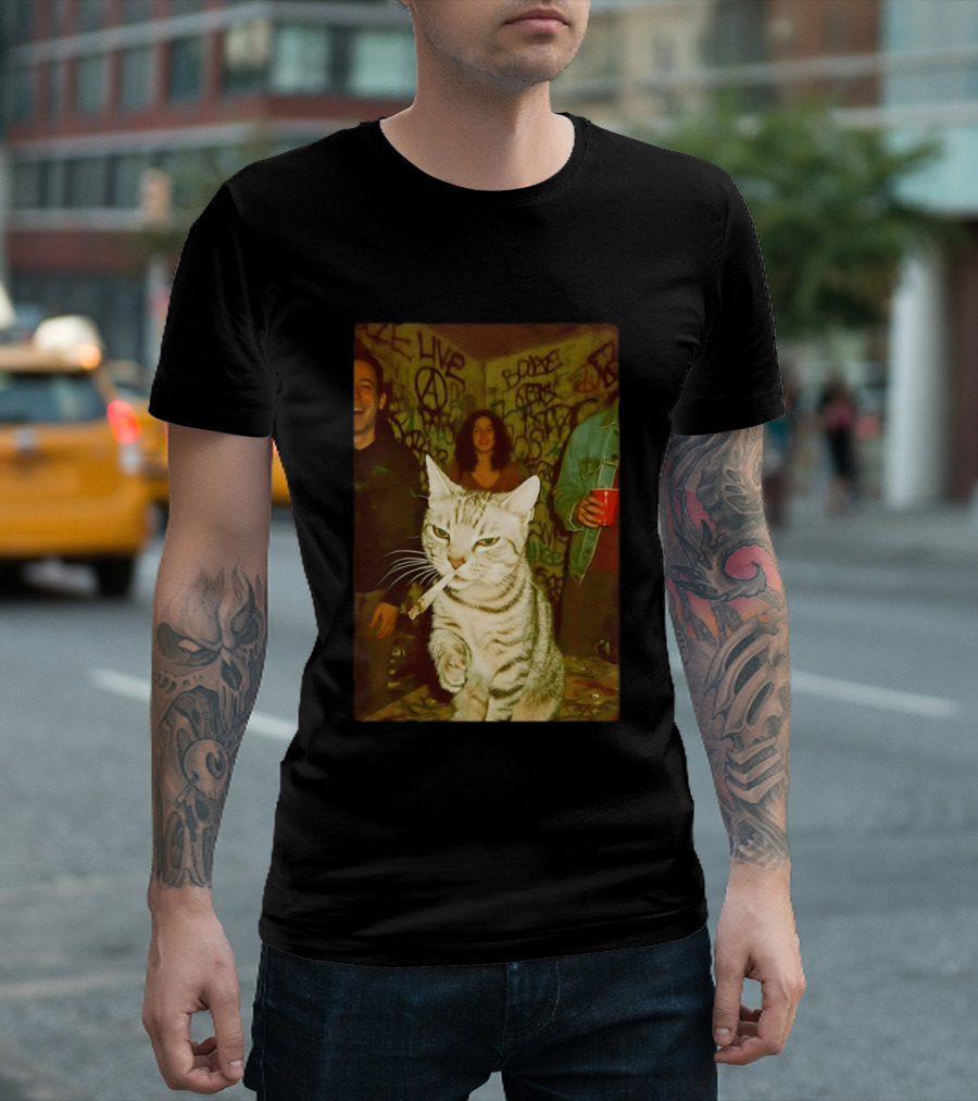 Smoking Tabby Cat Live Punk Party Scene T-Shirt