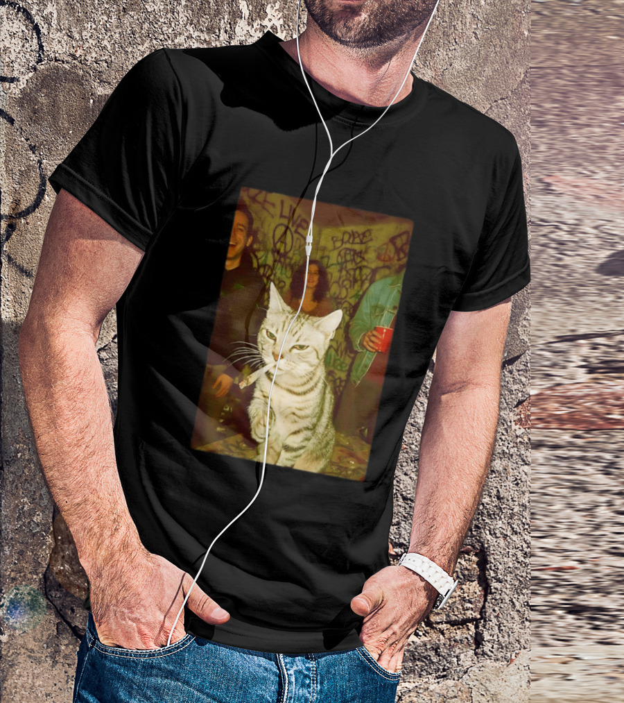 Smoking Tabby Cat Live Punk Party Scene T-Shirt