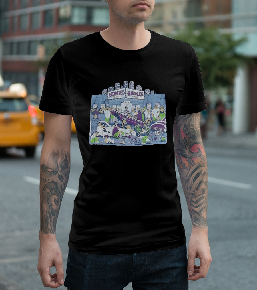 Homies The Movie Tickets Crowd Scene Skyscrapers Lowriders Bicycles T-Shirt