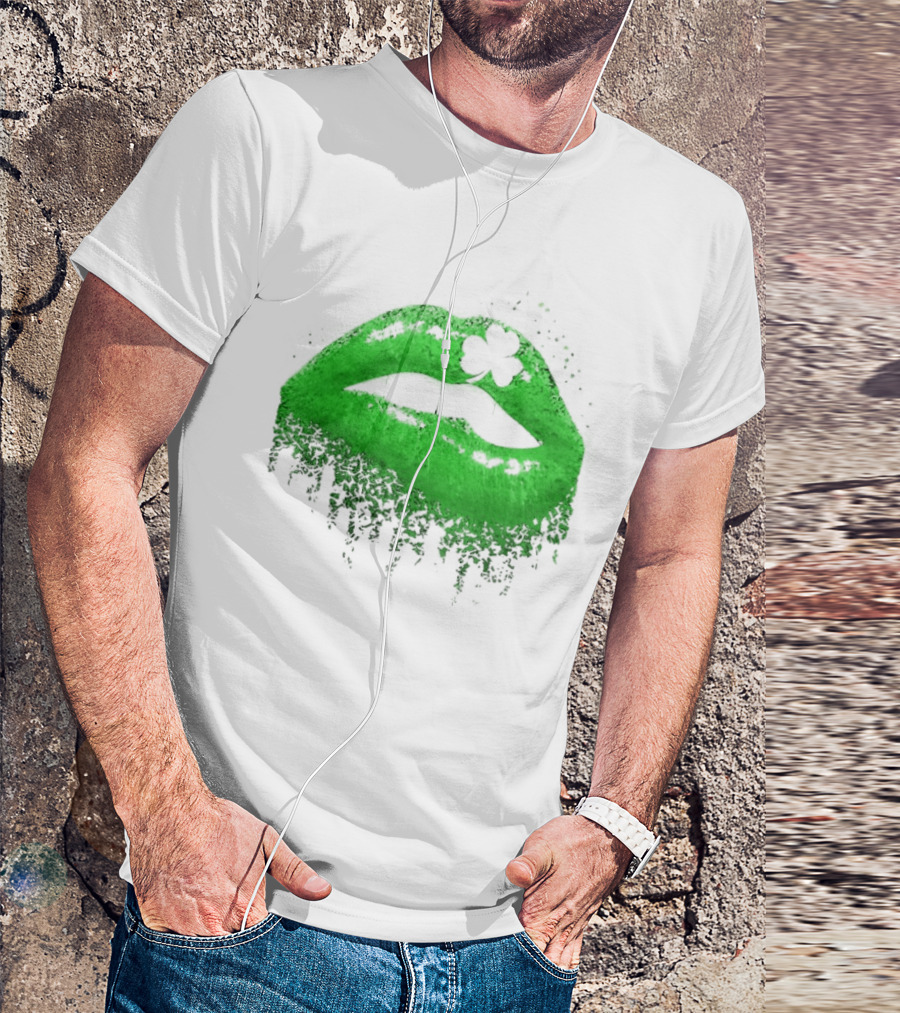 St Patrick's Day Green Lips Shamrock Shape T-Shirt
