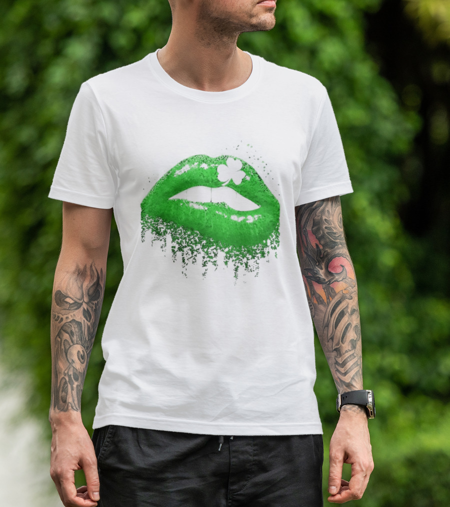 St Patrick's Day Green Lips Shamrock Shape T-Shirt