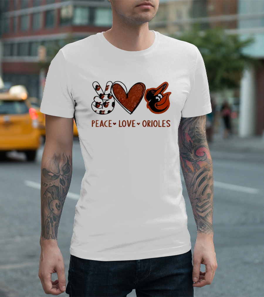 Peace Love Orioles Hand Sign Heart Shape Baltimore Orioles T-Shirt