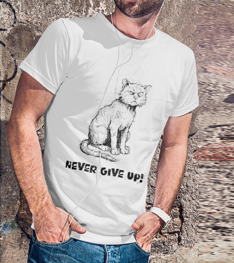 Cat Never Give Up Resilient Sketch Cat T-Shirt