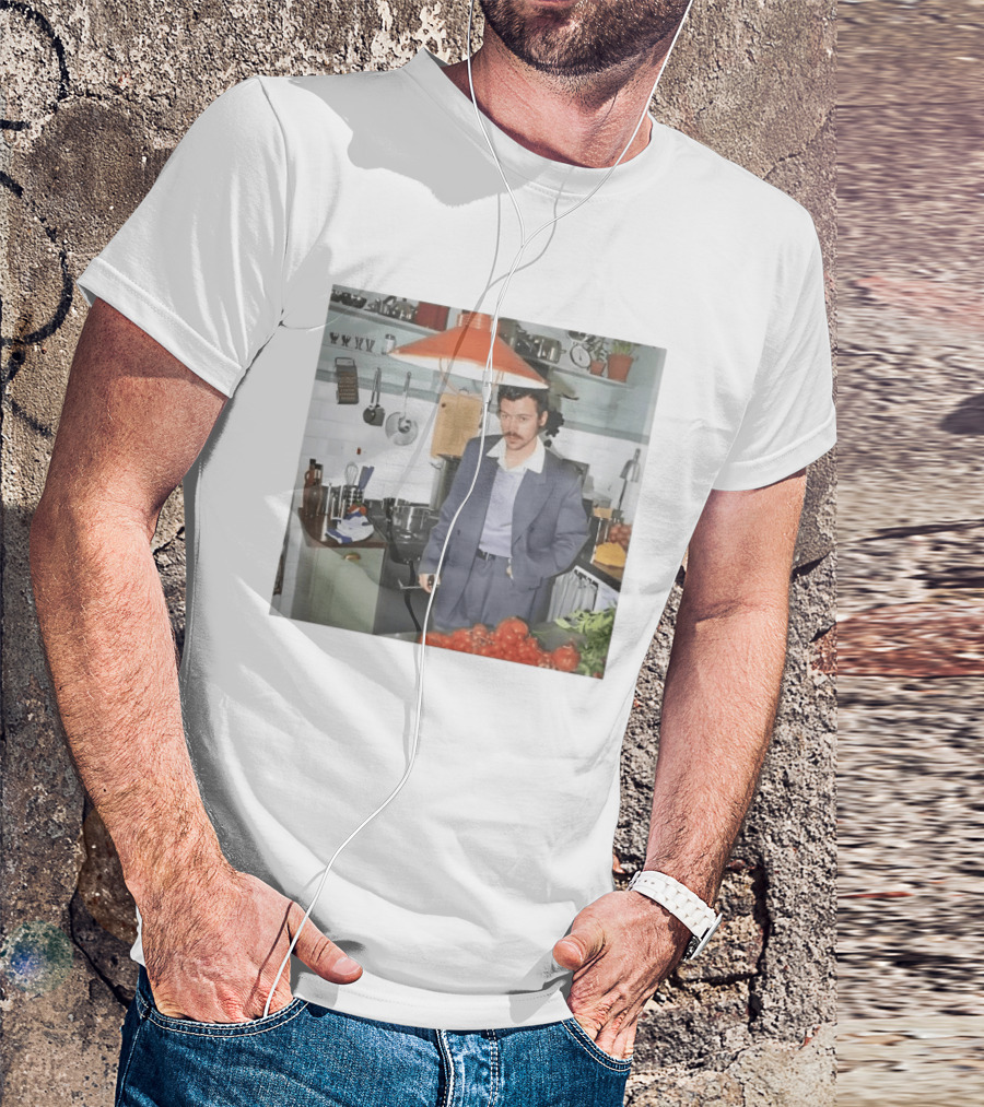 Harry Cooking In Stylish Kitchen With Suit And Vegetables T-Shirt
