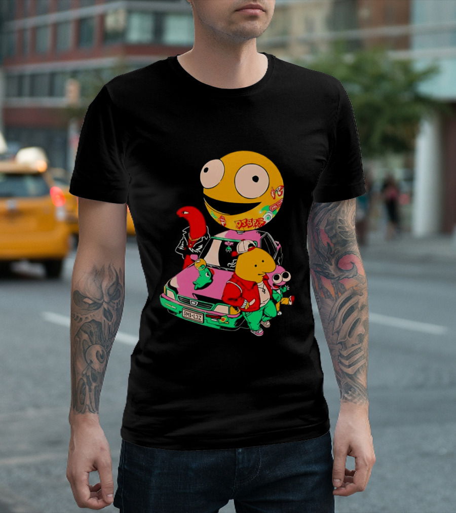 Pac Man Inspired Japanese Characters And Vintage Car Adventure T-Shirt