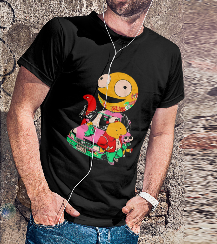 Pac Man Inspired Japanese Characters And Vintage Car Adventure T-Shirt