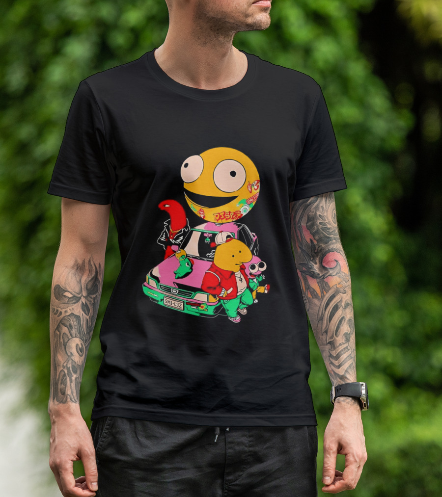 Pac Man Inspired Japanese Characters And Vintage Car Adventure T-Shirt