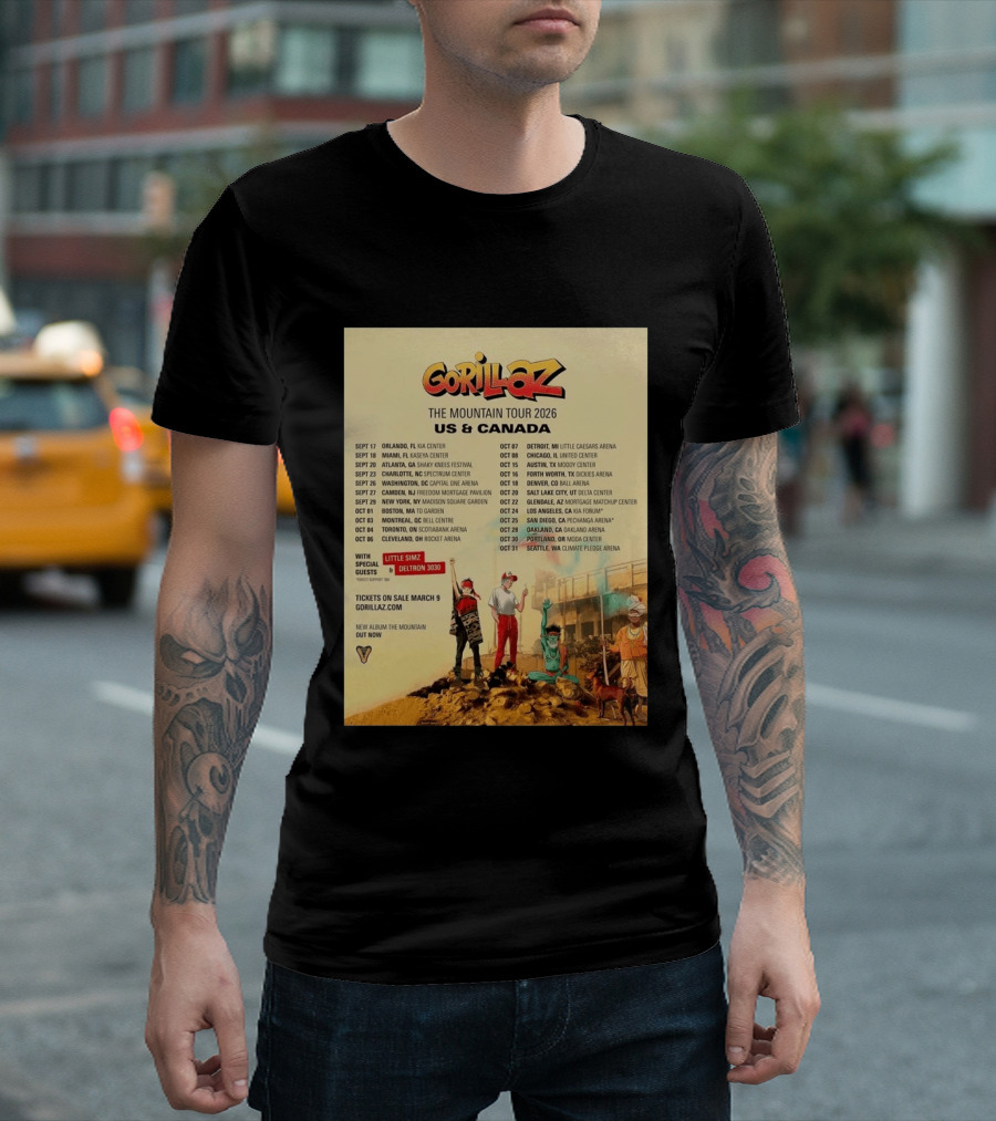 Gorillaz The Mountain Tour 2026 US Canada Dates Little Simz Deltron 3030 T-Shirt