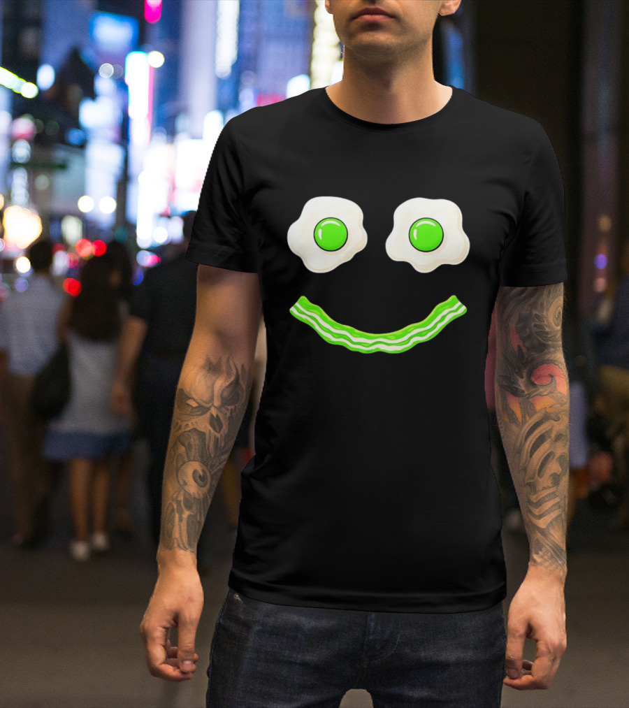 Green Smile Face Eggs And Bacon Ham Breakfast Fun Food Expression T-Shirt