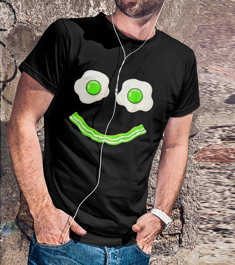 Green Smile Face Eggs And Bacon Ham Breakfast Fun Food Expression T-Shirt