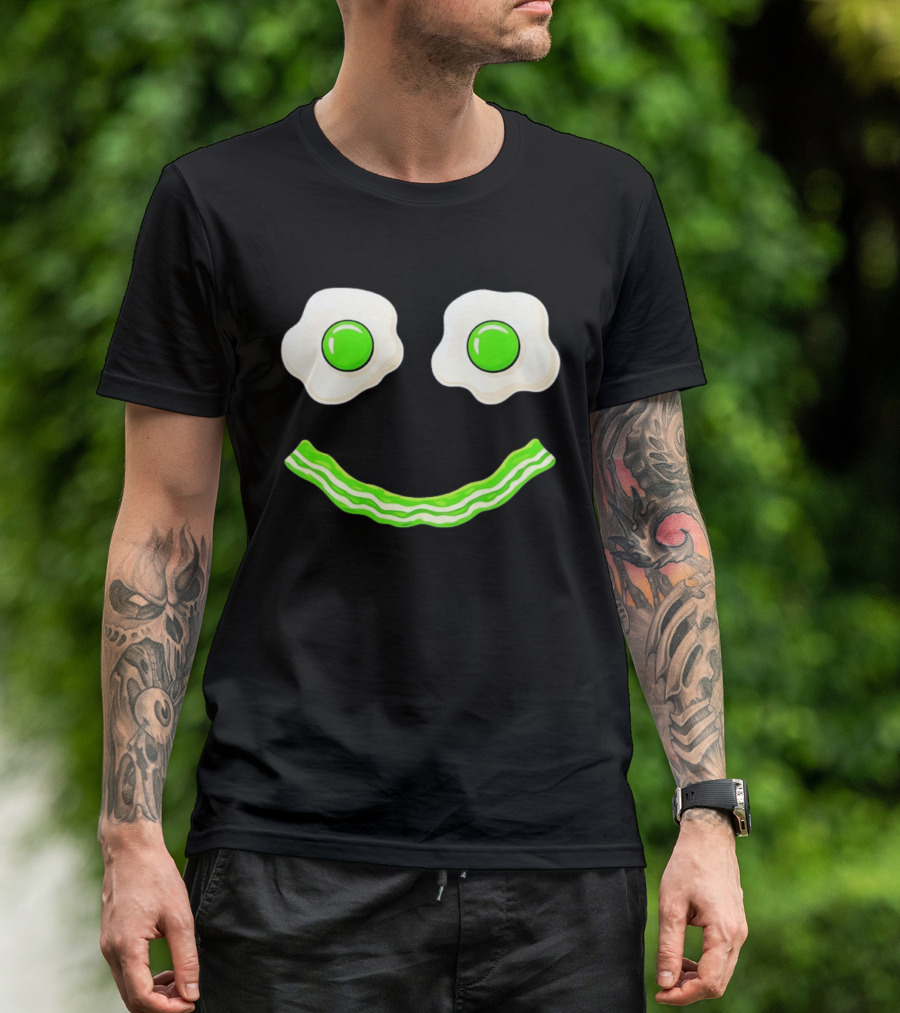 Green Smile Face Eggs And Bacon Ham Breakfast Fun Food Expression T-Shirt