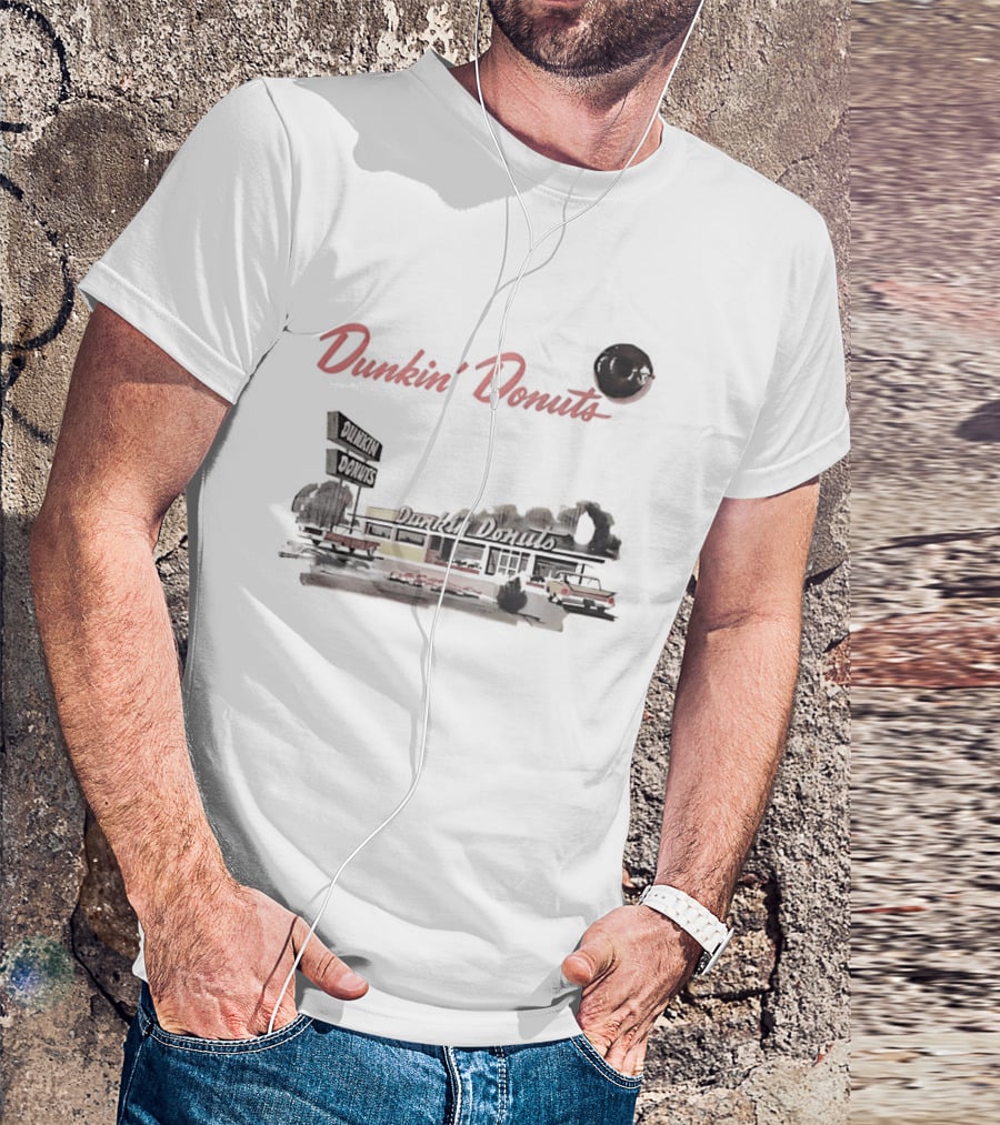 Dunkin Donuts Retro Vintage Coffee Shop Neon Sign And Classic Car Scene T-Shirt