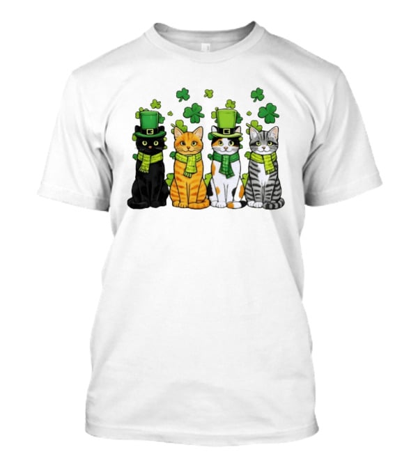St Catrick's Day Black Cat Orange Tabby Cat Calico Cat And Gray Tabby Cat With Shamrocks And Green St Patrick's Hats T-Shirt