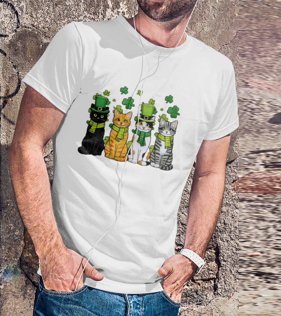St Catrick's Day Black Cat Orange Tabby Cat Calico Cat And Gray Tabby Cat With Shamrocks And Green St Patrick's Hats T-Shirt