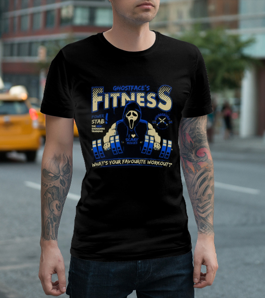 Ghostface Fitness What's Your Favorite Workout Power Stab Shoulder Training T-Shirt