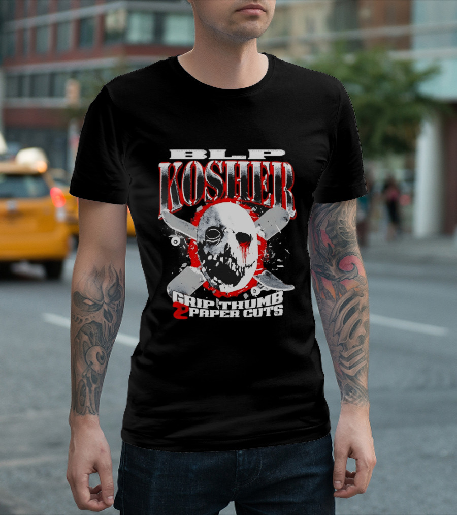 RIP Kosher Grip Thumb Paper Cuts Horror Mask Cross Knives T-Shirt