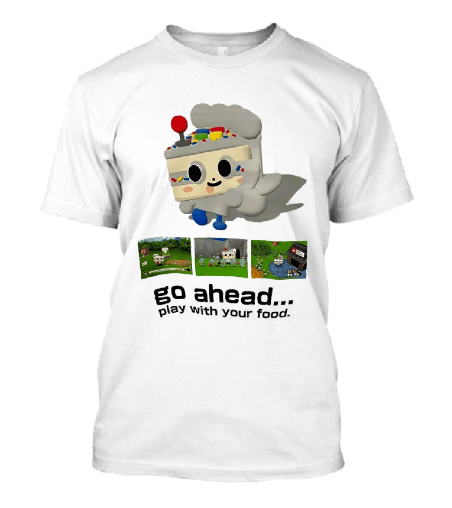 Go Ahead Play With Your Food Fun Cake Character Adventure Scenes T-Shirt