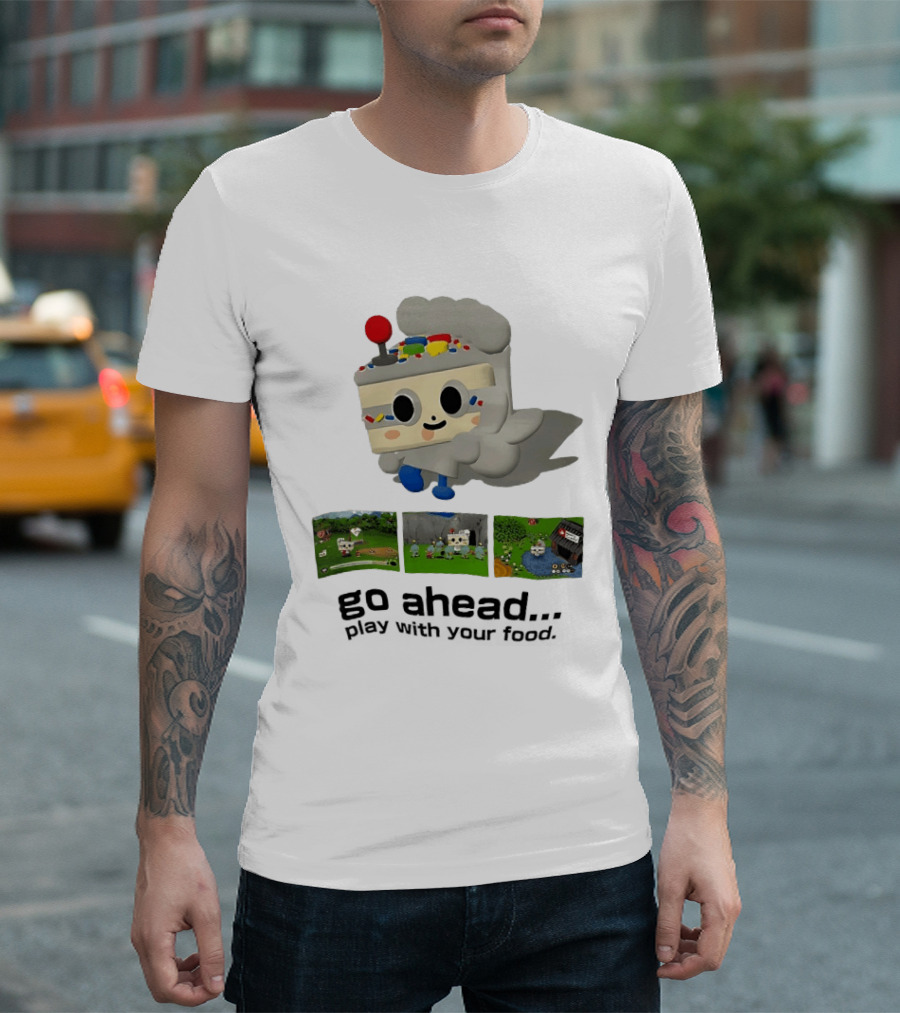 Go Ahead Play With Your Food Fun Cake Character Adventure Scenes T-Shirt