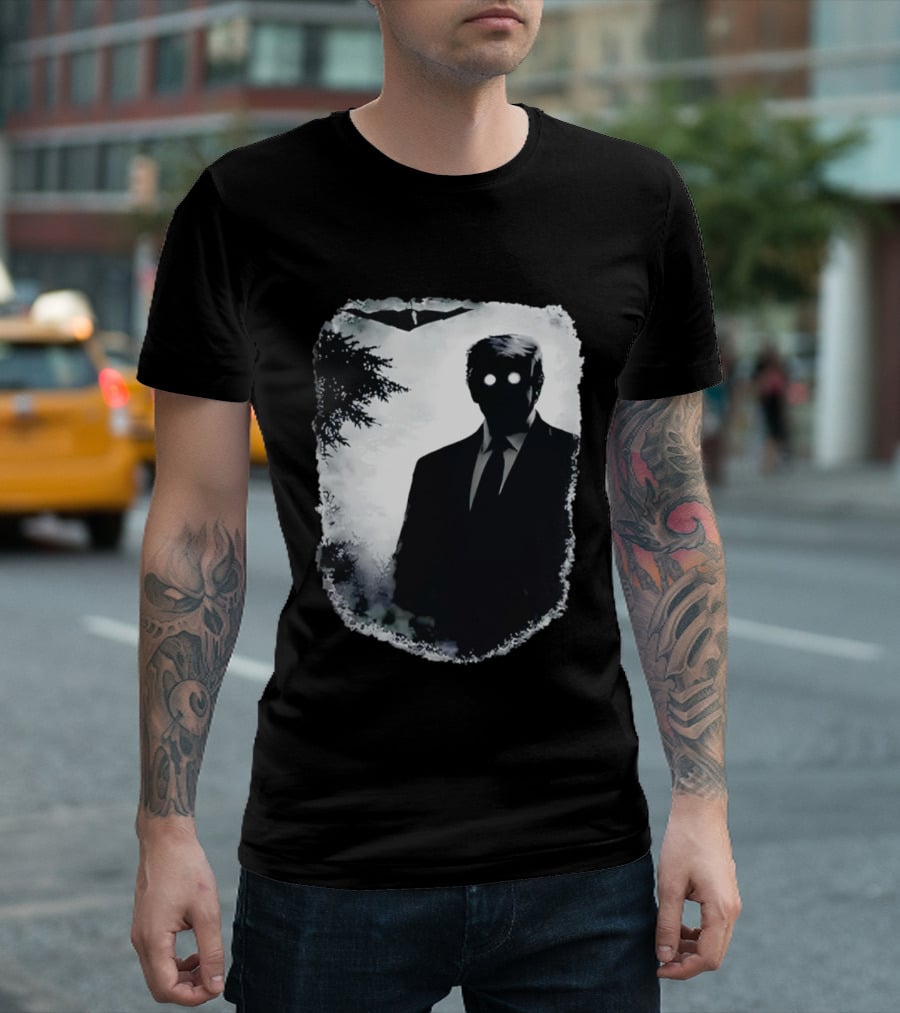 Dark Shadow Figure Mysterious Silhouette Trump Eerie Woods Cloaked Eyes T-Shirt