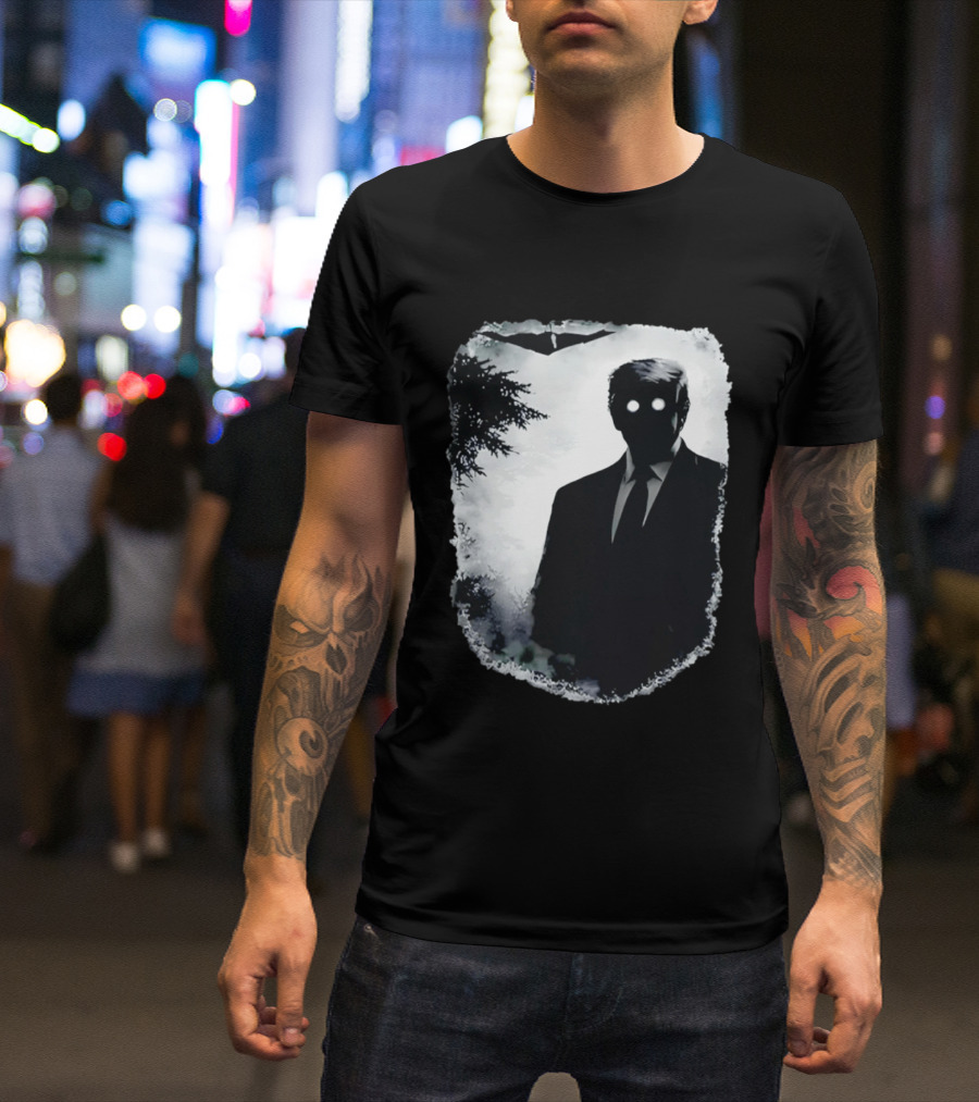Dark Shadow Figure Mysterious Silhouette Trump Eerie Woods Cloaked Eyes T-Shirt