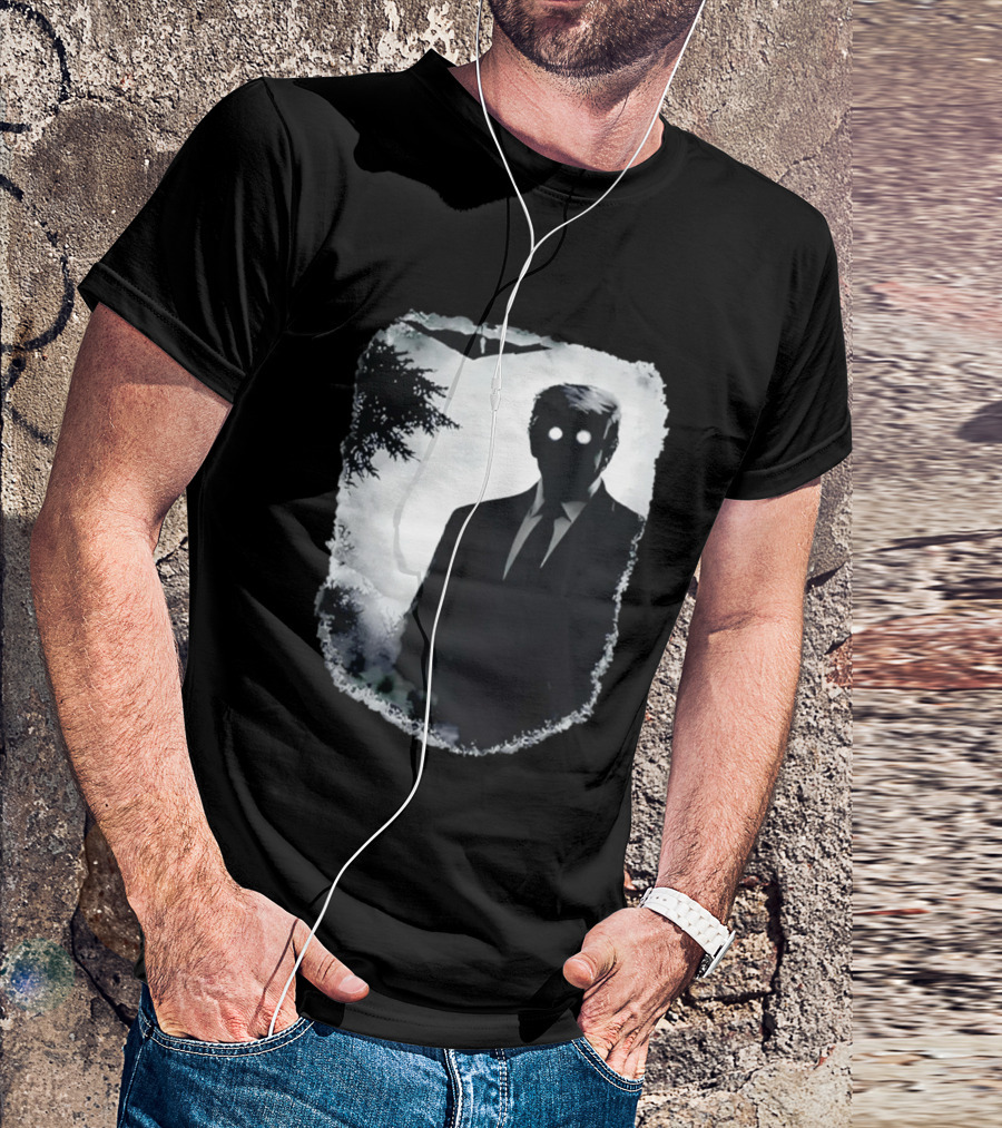 Dark Shadow Figure Mysterious Silhouette Trump Eerie Woods Cloaked Eyes T-Shirt