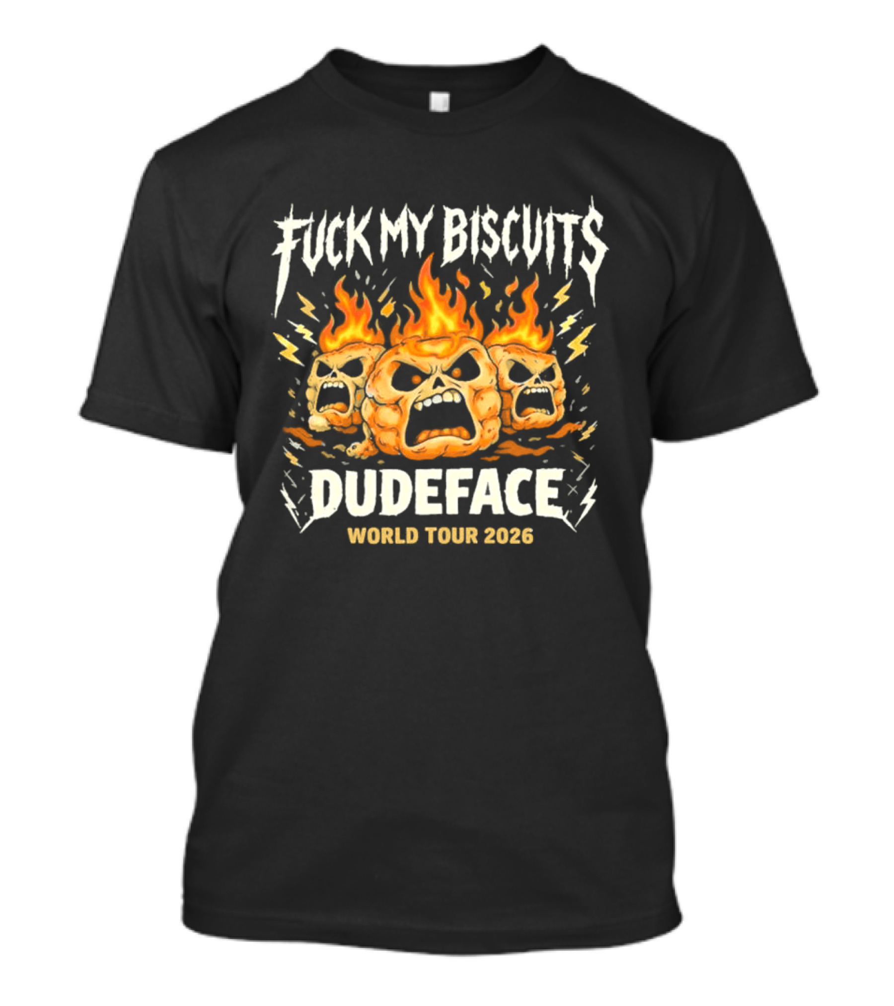Fuck My Biscuits Dudeface World Tour 2023 Flaming Skulls T-Shirt