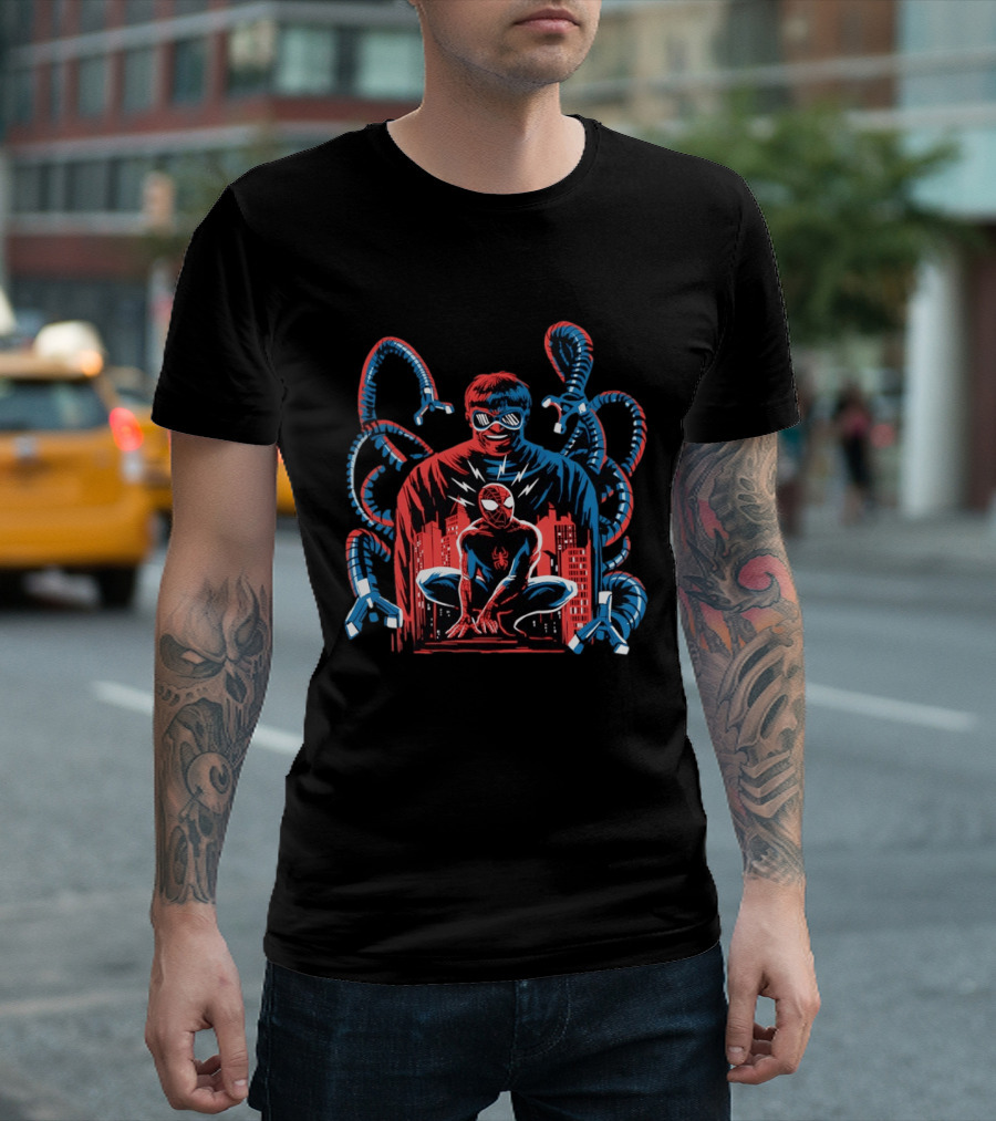 The Shadow Of The Octopus Spider Man And Doctor Octopus Cityscape Showdown T-Shirt