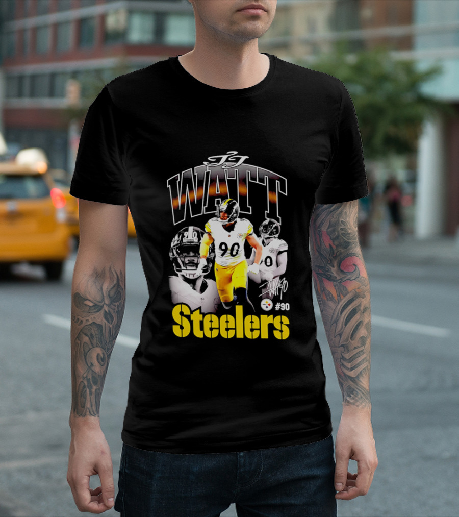 T.J. Watt Steelers #90 Triple Image With Signature T-Shirt