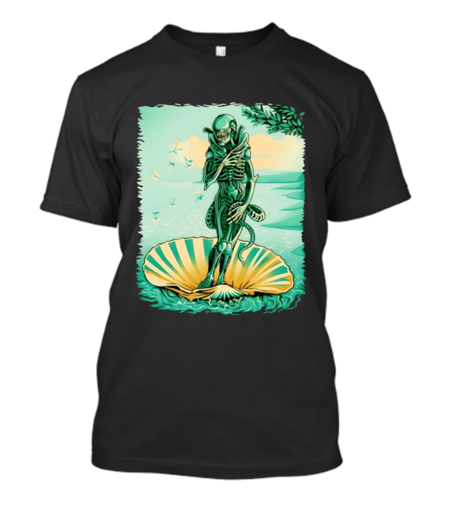 Alien Seated On Seashell The Birth Of Alienus Fusion Renaissance T-Shirt