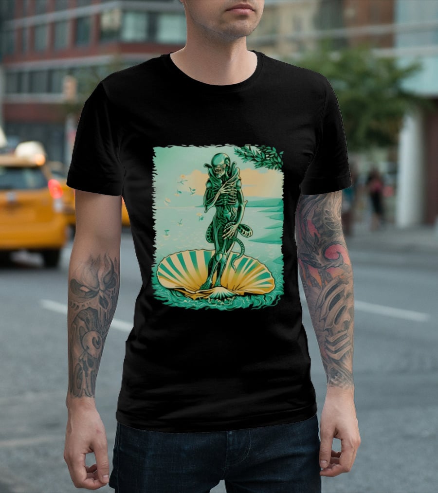 Alien Seated On Seashell The Birth Of Alienus Fusion Renaissance T-Shirt